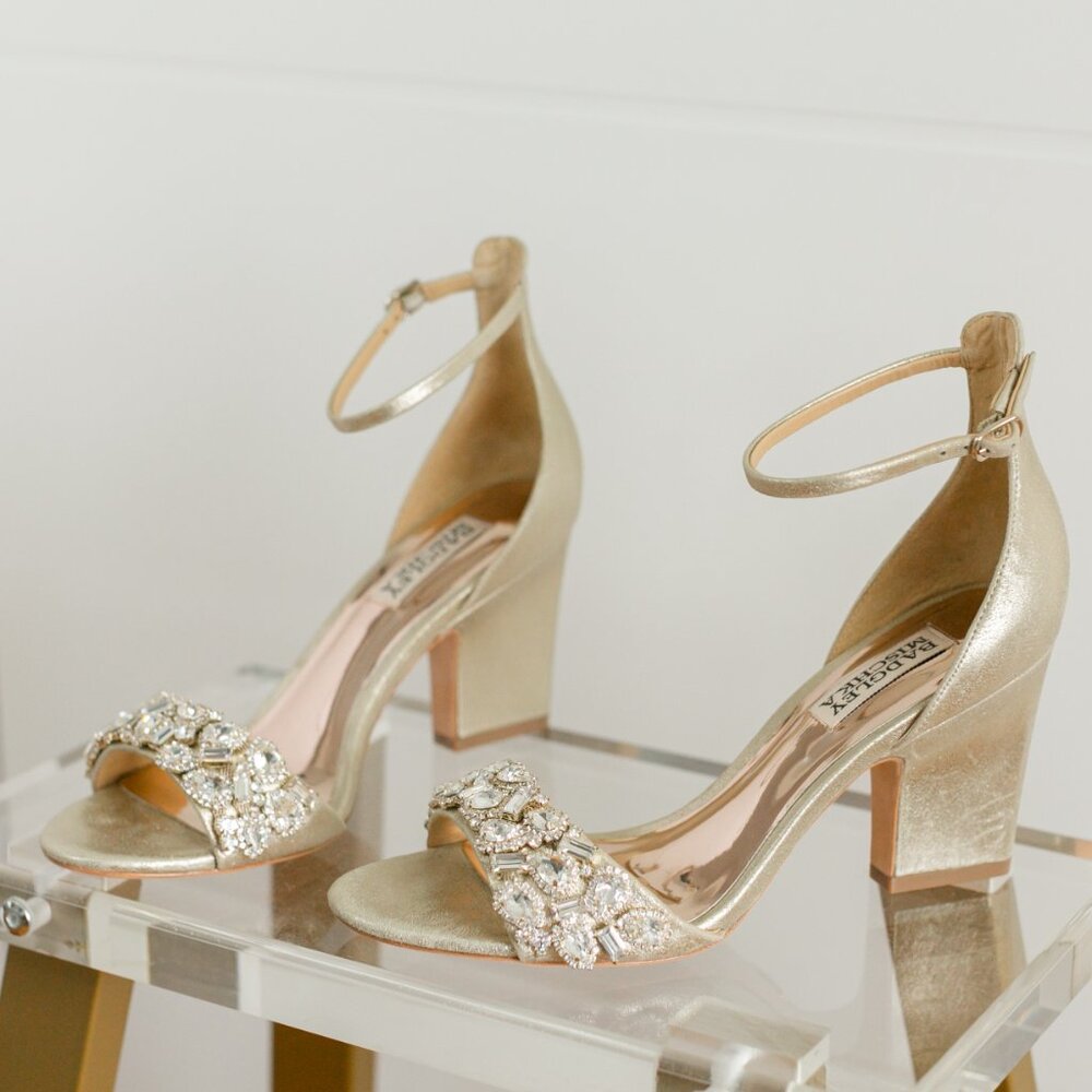 Badgley Mischka Laraine Plantino Gold Women's Leather Heels 7 Metallic Crystal - Picture 7 of 10